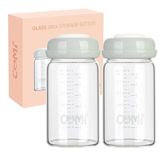 COMI Natural Glass Baby Bottle,Breastmilk Storage Bottle for Fridge,Wide Neck Breast Milk Container with Dome Cap,Fits Breast Pumps & Nipples,BPA Free,2PCS (6oz,2 Gray Lids)