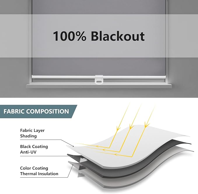 AOSKY Cordless Roller Shades Blackout Blinds for Windows Room Darkening Rolled Up Shades with Spring System, UV Protection Window Shades Door Blinds for Home and Office (42" W x 72" H,Grey)