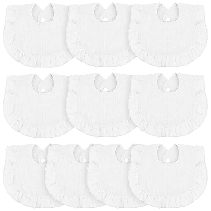 Seematn 10 Pcs Baby Muslin Bibs for Unisex Girls & Boys Drool Bibs Bandana Ruffle Soft Cotton for Newborn Infants Toddlers(White)