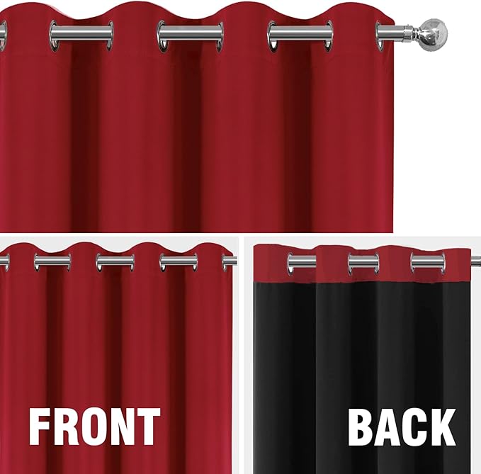 LEMOMO 100% Blackout Curtains 52 x 63 Inch Red Curtains 2 Panels Darkening Thermal Insulated Bedroom Curtains