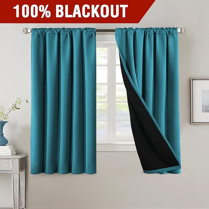 H.VERSAILTEX 100% Blackout Curtains for Bedroom with Black Liner Full Room Darkening Curtain 63 Inch Long Thermal Insulated Back Tab/Rod Pocket Window Drapes for Living Room, 2 Panels, Turquoise Blue