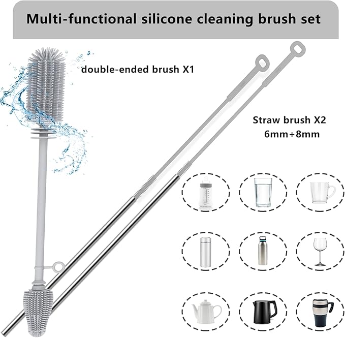 Silicone Bottle Brush and Straw Cleaner Set,Water Bottle Brush Double-Headed,Straw Brush Silicone,Bottle Cleaner Brush for Thermoses and Sports/Water Bottles/Dish/Cup (Grey)