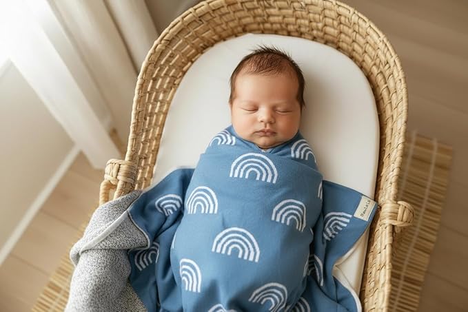 Baby Receiving Blanket Boys 100% Cotton Buttery Soft Cozy Receiving Swaddle Crib Stroller Blanket for Shower Gift Registry for Newborns, Infants, Toddlers (Rainbow - Blue)