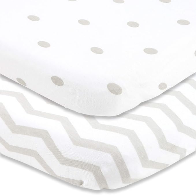Cuddly Cubs Pack and Play Sheets Fitted – for Graco Pack n Play Playard – 2 Pack – Snuggly Soft Jersey Cotton Mini Crib Mattress Sheets Set for Baby Boy, Girl – Grey Polka Dots, Chevron