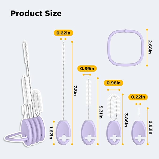 VOGOGE Baby Straw Brush Set, 4 Piece Cleaner Kit with Standable Key Ring for Sippy Cups, Weighted Straw Cups & Baby Bottles – Designed for 0–24 Months, Purple