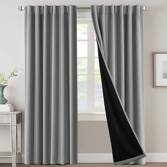 H.VERSAILTEX 100% Blackout Curtains for Bedroom with Black Liner Full Room Darkening Curtains 84 Inches Long Thermal Insulated Back Tab/Rod Pocket Window Drapes for Living Room, 2 Panels, Dove Grey