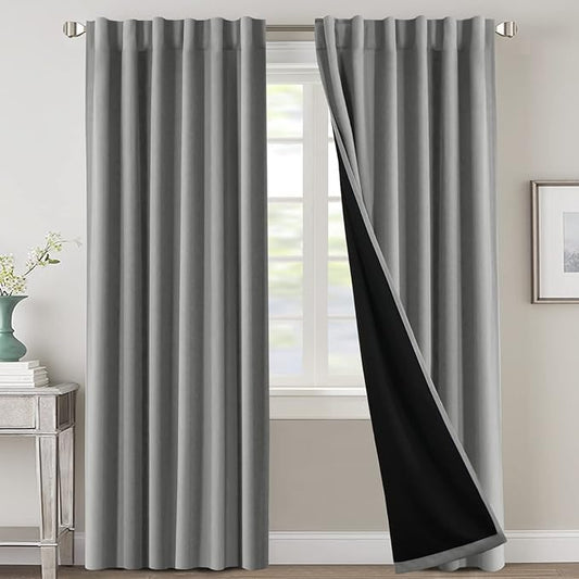 H.VERSAILTEX 100% Blackout Curtains for Bedroom with Black Liner Full Room Darkening Curtains 84 Inches Long Thermal Insulated Back Tab/Rod Pocket Window Drapes for Living Room, 2 Panels, Dove Grey