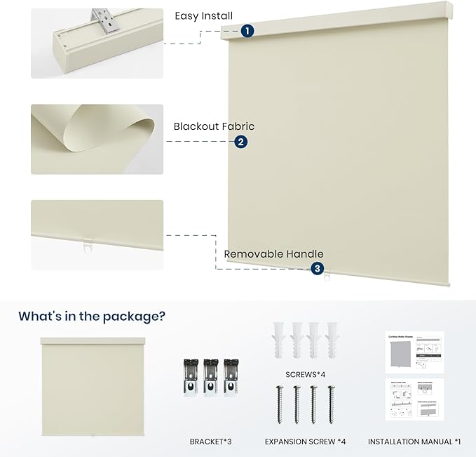 100% Blackout Roller Shades Cordless Blinds for Indoor Windows,Free-Stop Window Shades Pull Down,Thermal Insulated Fabric UV Protection,Blackout Window Guard Blinds for Home,Office,Ivory,52" W x 72" H