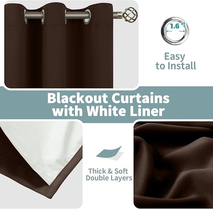 BGment Brown Curtains for Bedroom 2 Panels Set, Blackout Curtains Thermal Insulated Bedroom Curtains 63 inch Length Soundproof Window Drapes, Each Grommet Drape 52 Inch Wide