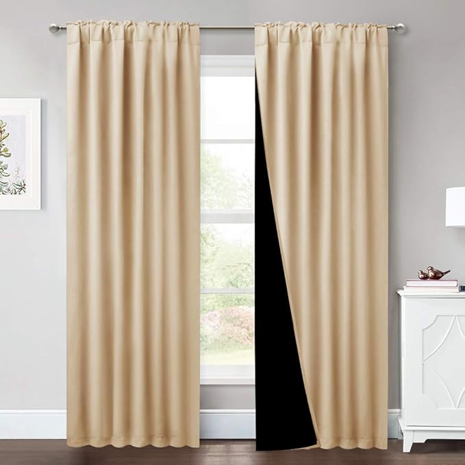 NICETOWN Living Room Completely Shaded Draperies, Privacy Noise Reducing Drapes for Laundry, Black Lined Insulated Window Treatment Curtains for Patio Door (Biscotti Beige, 2 PCs, W52 x L84)