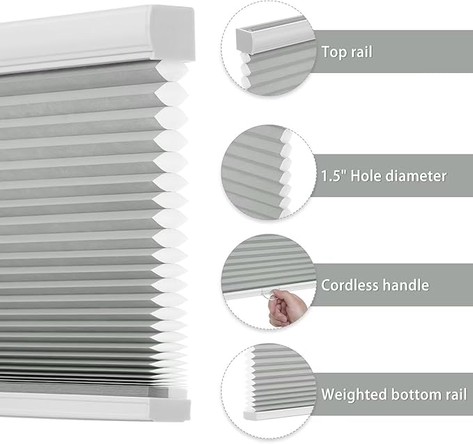 Changshade Light Filtering Cellular Shades Cordless Blinds for Indoor Windows, Honeycomb Blinds Accordion Shades Pleated 1.5" Cell for Home Bedroom, Shade Size 72 inch High 71 inch Wide, Gray