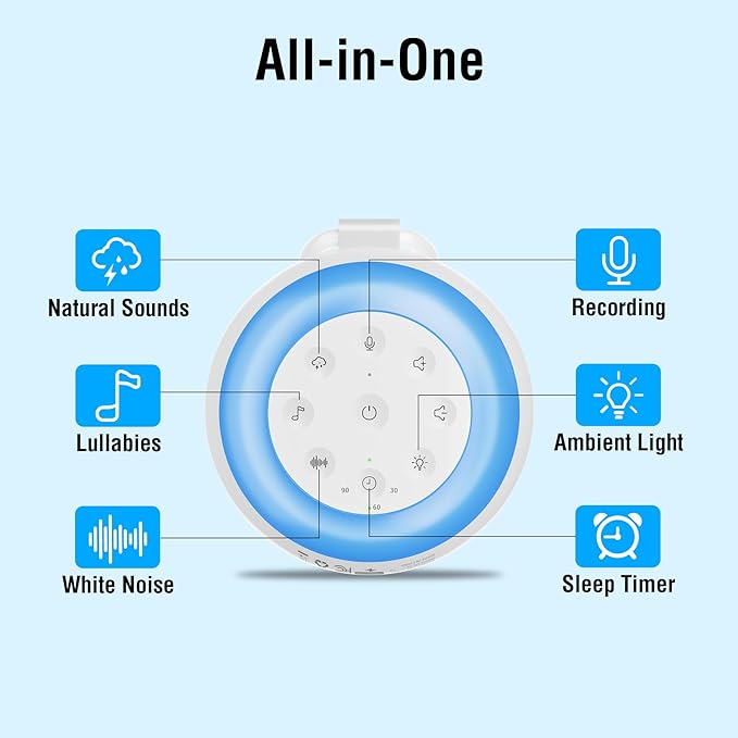 MEGATEK Sleep Sound Machine, 24 Soothing Sounds, 9 Color Dimmable Night Light, Bluetooth & 180s Voice Recording, 2000mAh Rechargeable Battery with Timer & Hook, Easy to Use for Baby & Adults