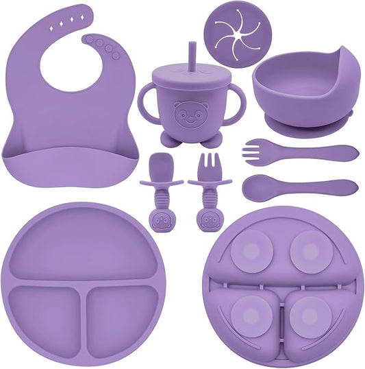 Munlinder Silicone Baby Feeding Set | Baby Led Weaning Supplies Includes Suction Bowls and Divided Plates, Adjustable Bib, Baby Utensils Spoons and Forks,Cup | Baby Feeding Essentials (Purple)