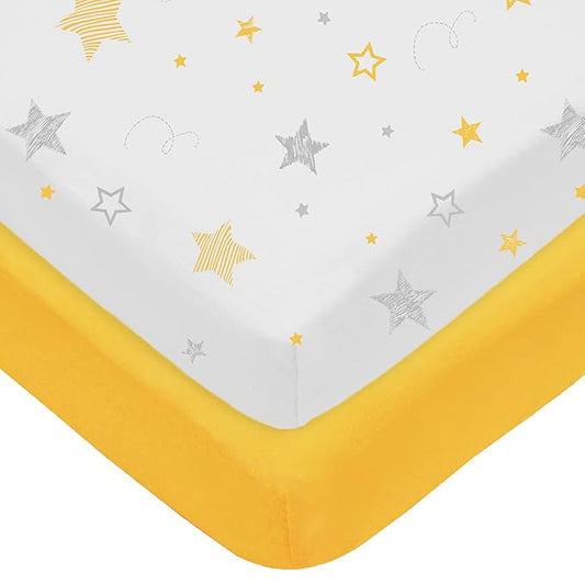 American Baby Company 2 Pack 100% Natural Cotton Fitted Mini Crib Sheets 38" x 24" - Soft & Breathable Small Nesting Portable Sheets, Fits Pack N Play Mattresses, Yellow Star/Yellow, for Boys & Girls