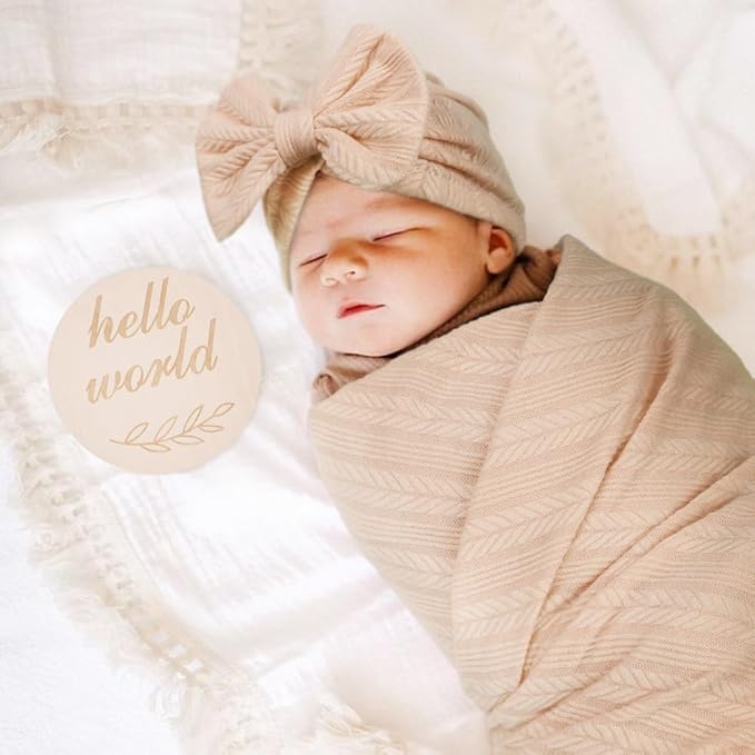 DRESHOW BQUBO Baby Swaddle Blankets for Girls, 4PCS Newborn Accessories Set with Hat and Bow Headband with Hello World Wooden Birth Announcement Card, Baby Blankets for Girls
