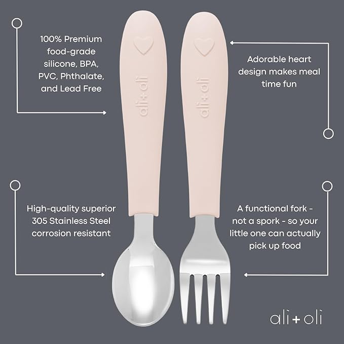 Ali+Oli Toddler Utensils Set (6 Pack) – Stainless Steel Kids Silverware with Soft Silicone Handles, BPA Free Baby Forks and Spoons, Durable Children Flatware Dishwasher Safe for Self Feeding (Hearts)