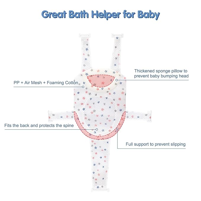 Colorlife Baby Bath Seat Support Net Infant Bathing Seat Support Mat, Adjustable Comfortable Non-Slip Five-Pointed Baby Shower Net Bathtub Sit Up Mesh for Newborn 0-12 Months-White(No Bathtub)