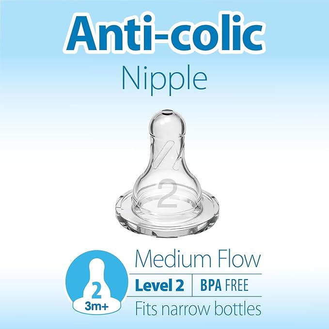 Dr. Brown’s Natural Flow Level 2 Narrow Baby Bottle Silicone Nipple, Medium Flow, 3m+, 100% Silicone Bottle Nipple, 6 Count