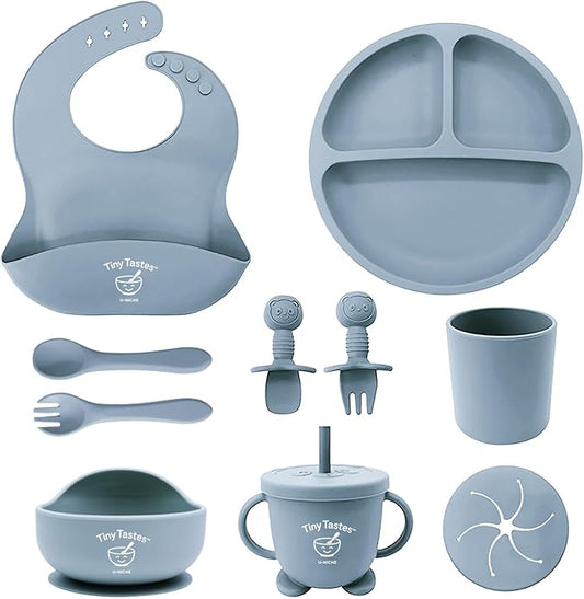 Tiny Tastes 10-Piece Silicone Baby Feeding Set – BPA-Free, Spill-Proof Suction Plate, Bowl, Bib, Snack Cup & Utensils | Dishwasher Safe, Baby Gift Ready (Blue)