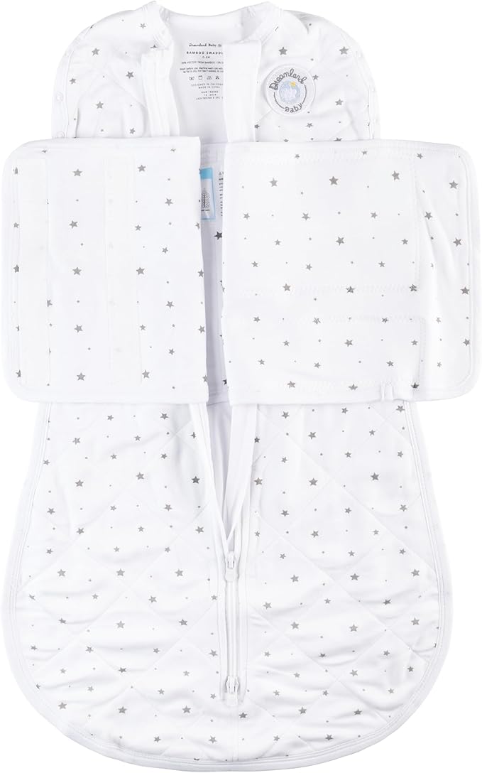 Dreamland Baby Viscose Swaddle Blanket (0-6 Months). 1.0 TOG Ultra Soft Swaddle Blanket w/Built in Band. 97% Viscose, 3% Spandex (White with Grey Stars). Mom-Owned US Business, Premium Materials