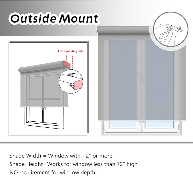 AOSKY Cordless Roller Shades for Windows Light Filtering Shades with 5% Openness Solar Screen Semi Sheer Roller Blinds UV Protection for Office and Home. Easy to Install 45" W x 72" H (Grey)