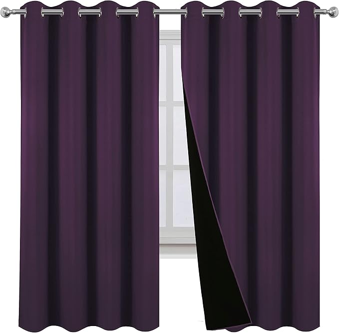 LEMOMO 100% Blackout Curtains 52 x 72 Inch Purple Curtains 2 Panels Darkening Thermal Insulated Bedroom Curtains