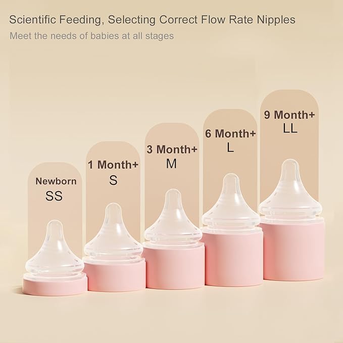 Gulicola Natural Glass Baby Bottle 8 oz for Breastfed Babies, Anti-Colic Baby Bottle Set with Medium Flow Nipple, 3 Months +, 4 Pack - Pink