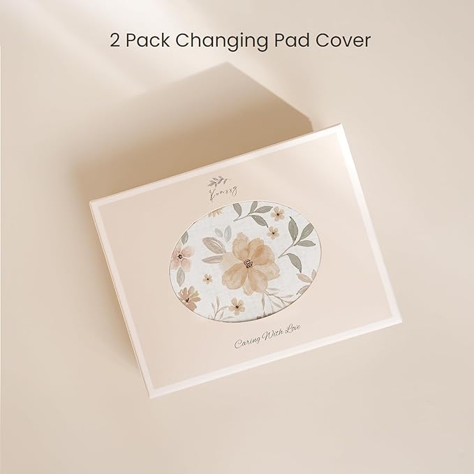 Konssy Muslin Changing Pad Cover for Baby Girls Boys, 100% Cotton Fitted Diaper Chang Table Covers, Soft Breathable Changing Pad Sheets, 2 Pack (Toffee,Flourish)