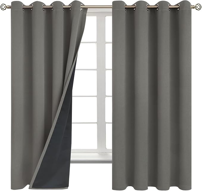 BGment Thermal Insulated 100% Blackout Curtains for Bedroom with Black Liner, Double Layer Full Room Darkening Noise Reducing Grommet Curtain (52 x 72 Inch, Grey, 2 Panels)