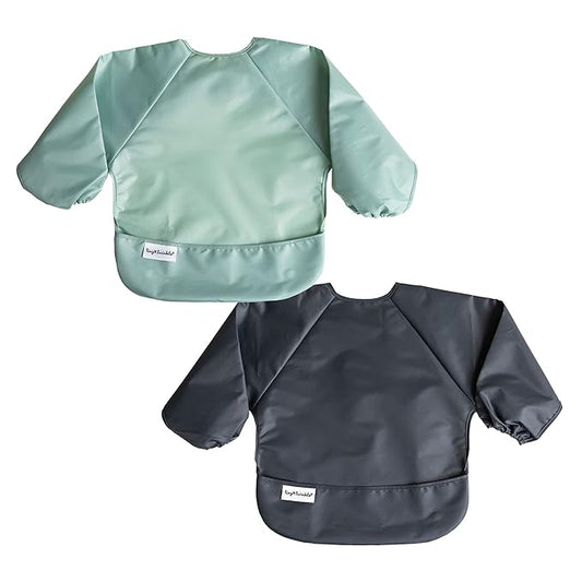 Tiny Twinkle Long Sleeve Bib for Babies & Toddlers | 2-Pack Waterproof Smock Bib for Eating | Machine Washable & Mess-Proof Feeding Essentials | Newborn Shower Gift (Sage Charcoal,2-4Y)