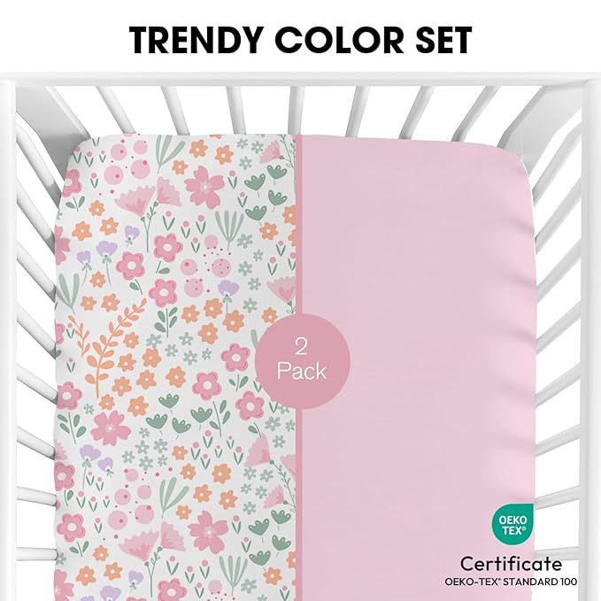 Little Grape Land Crib Sheets 2 Pack, Microfiber Fitted Crib Sheet for Standard Crib Mattress 52"x28"x8", Soft and Neutral Baby Crib Sheets for Boys and Girls, Breathable & Easy Care, Petal Meadow