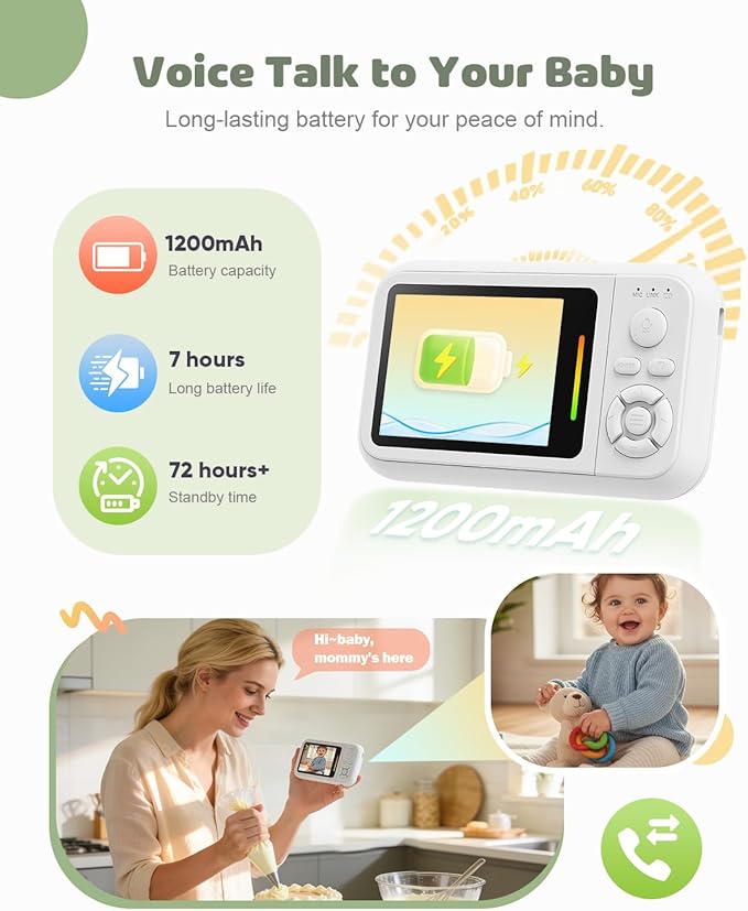 Baby Monitor No WiFi with Clip Mount, 2.8” Wireless Baby Monitor with Camera and Audio, 1080P Video, Night Vision, VOX, Temperature Sensor, 2-Way Audio, Lullabies