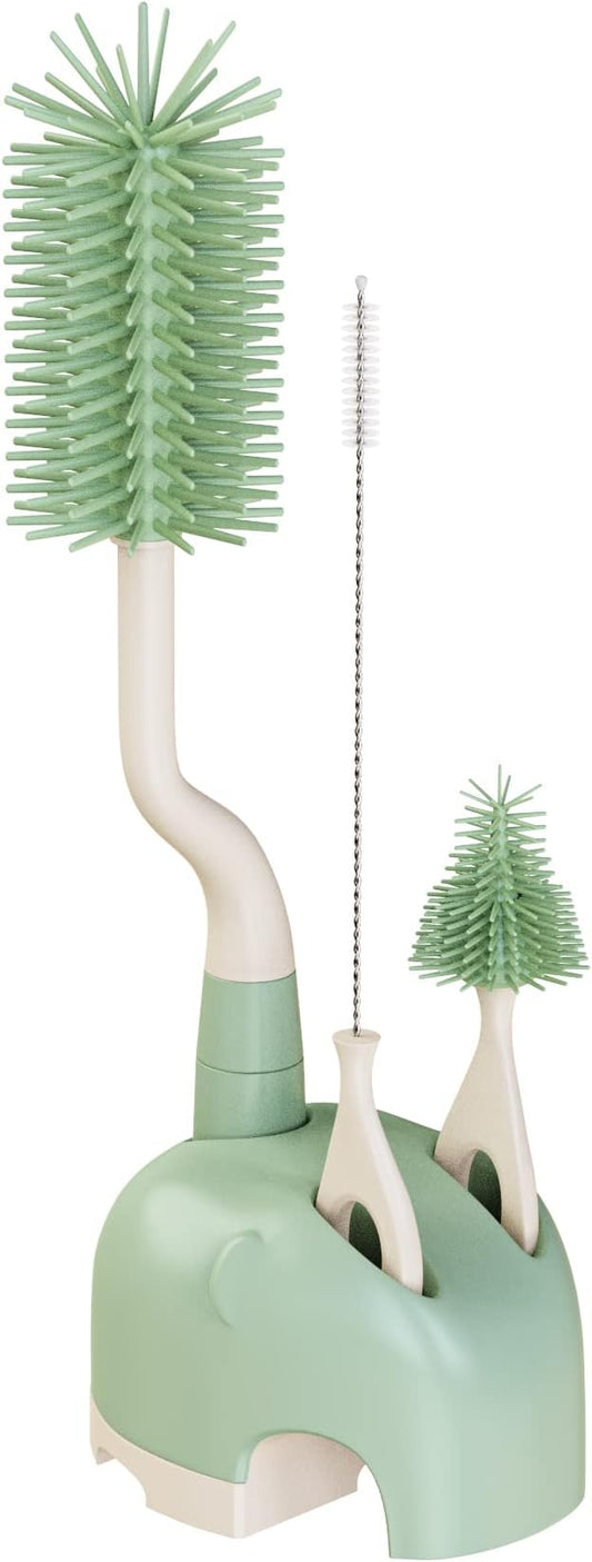 ePiiChua Silicone Bottle Brush Set with Stand, 360° Rotating Bottle Cleaning Brush Cleaner Set, Long Handle 3 in 1 Multipurpose Silicone Baby Bottle Straw Cleaner Brush (Green)
