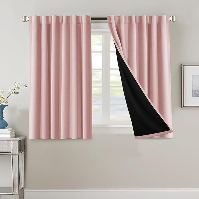 H.VERSAILTEX 100% Blackout Curtains for Bedroom with Black Liner Full Room Darkening Curtains 45 Inch Long Thermal Insulated Back Tab/Rod Pocket Window Drapes for Living Room, 2 Panels, Baby Pink