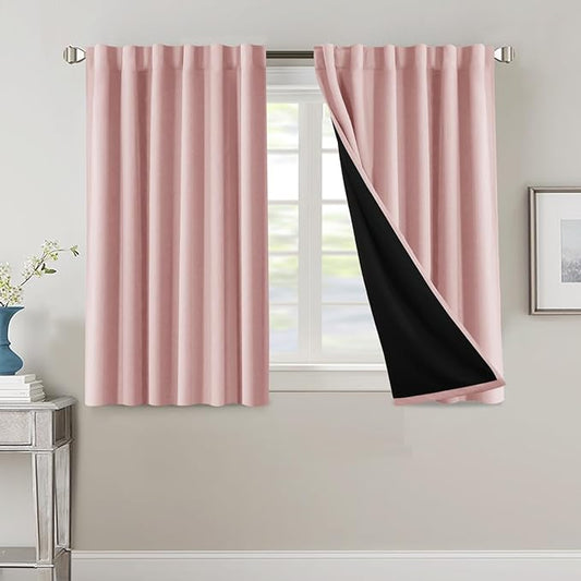 H.VERSAILTEX 100% Blackout Curtains for Bedroom with Black Liner Full Room Darkening Curtains 45 Inch Long Thermal Insulated Back Tab/Rod Pocket Window Drapes for Living Room, 2 Panels, Baby Pink