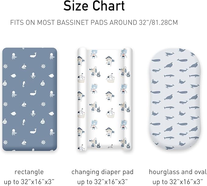 Bassinet Fitted Sheets, 3 Pack Baby Boy and Girl, Soft Breathable Stretchy Baby Pad/Mattress Sheet Set, Universal Fit for Hourglass Oval and Rectangle Bassinet Mattress（Blue Whale Ocean）
