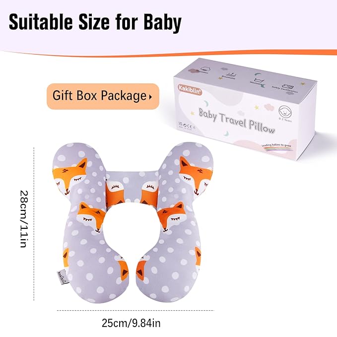 KAKIBLIN Baby Travel Pillow,Baby Neck Pillows for Car Seat,Upgraded Baby Head Pillow,Toddler Head and Neck Baby Support Pillow for Car Seat, Pushchair,Travel (Gray Fox)