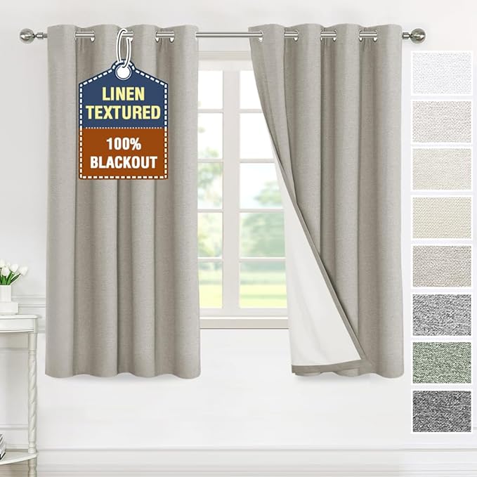 H.VERSAILTEX 100% Blackout Curtains for Bedroom Thermal Insulated Linen Textured Curtains Heat and Full Light Blocking Drapes Living Room Curtains 2 Panel Sets, 52x63 Inch, Heather Oatmeal(Not Solid)