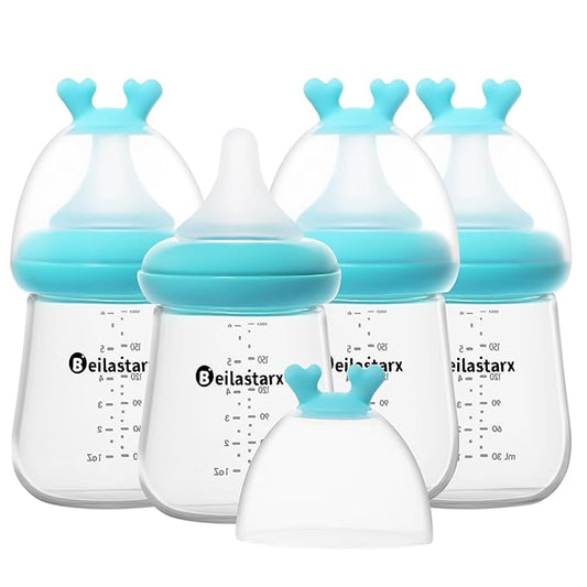 Beilastarx Glass Baby Bottles with Natural Response Nipple Size S - Anti Colic Baby Bottles Wide Neck Slow Flow Baby Bottle (Blue, 6oz (Pack of 4))