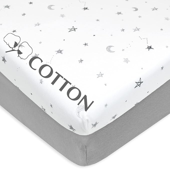 American Baby Company 2 Pack 100% Natural Cotton Fitted Mini Crib Sheets 38" x 24" - Soft & Breathable Small Nesting Portable Sheets, Fits Pack N Play Mattresses, Gray Stars and Gray, for Boys & Girls