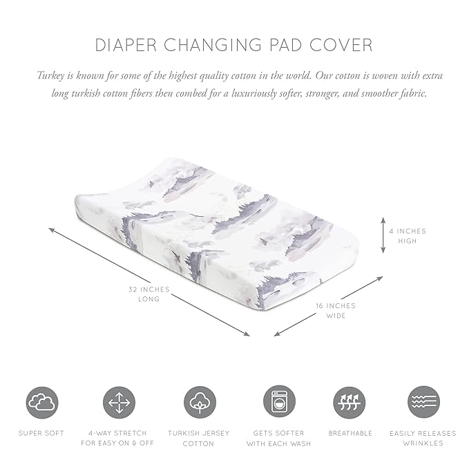 Oilo Changing Pad Cover, Breathable Turkish Cotton Fitted Jersey, 300 Thread Count, Machine Washable, Fits Standard Changing Pads (32" x 16"), Girl, Boy, & Neutral Nursery Design, Misty Mountain