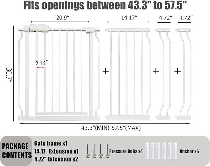 Extra Wide Baby Gate, 52.7-57.5 Inch, Large Walk Through, White Metal, Pressure Mounted, Long Safety Dog Gate for House Doorways & Stairs, 30 Inch Tall