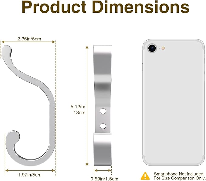 6-Pack Heavy Duty Wall Hooks - Hold 30LB for Backpacks, Towels, Coats, Keys, Clothes - Silver Wall Mounted Hooks for Bathroom, Closet, Door, Mudroom