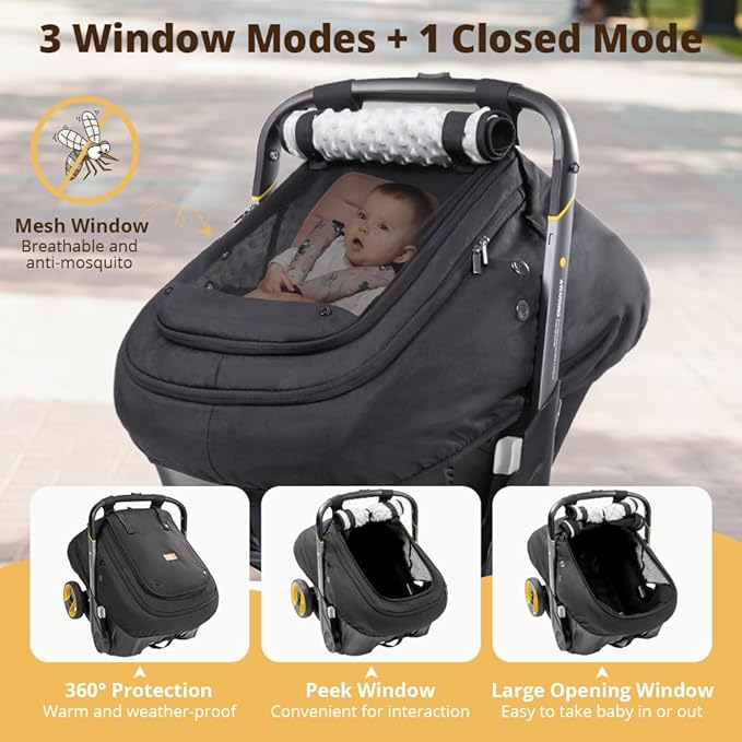 Bioby Waterproof Baby Car Seat Cover, Infant Car Seat Cover for Boy Girl, Roomy Cozy Windproof Sun Protection Baby Carseat Covers Canopy with Breathable Net and Holes, Universal Fitted Black