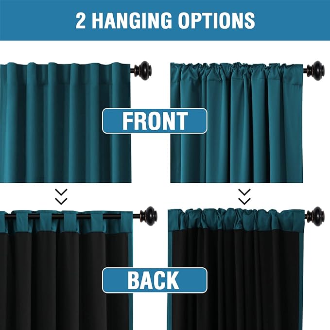 H.VERSAILTEX 100% Blackout Curtains for Bedroom with Black Liner Full Room Darkening Curtains 54 Inches Long Thermal Insulated Back Tab/Rod Pocket Window Drapes for Living Room, 2 Panels, Dark Teal