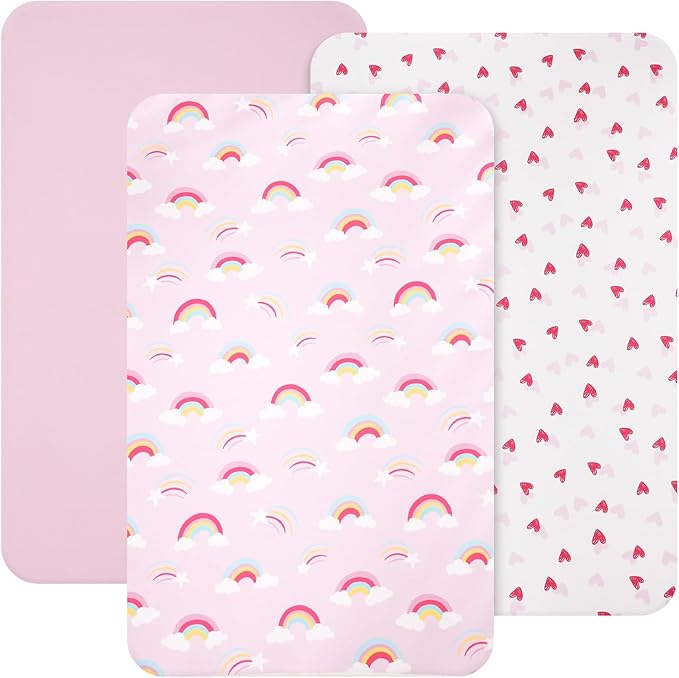 david's kids 3 Pack Mini Crib Sheets, Soft Breathable Premium Pack N Play Sheets for Baby Girls Neutral, Playard and Mini Crib Mattresses, Rainbow