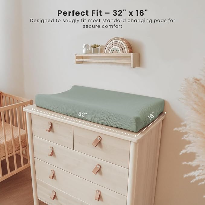 Konssy Muslin Changing Pad Cover for Baby Girls Boys, 100% Cotton Fitted Diaper Chang Table Covers, Soft Breathable Changing Pad Sheets, 2 Pack (Leafy,Green)