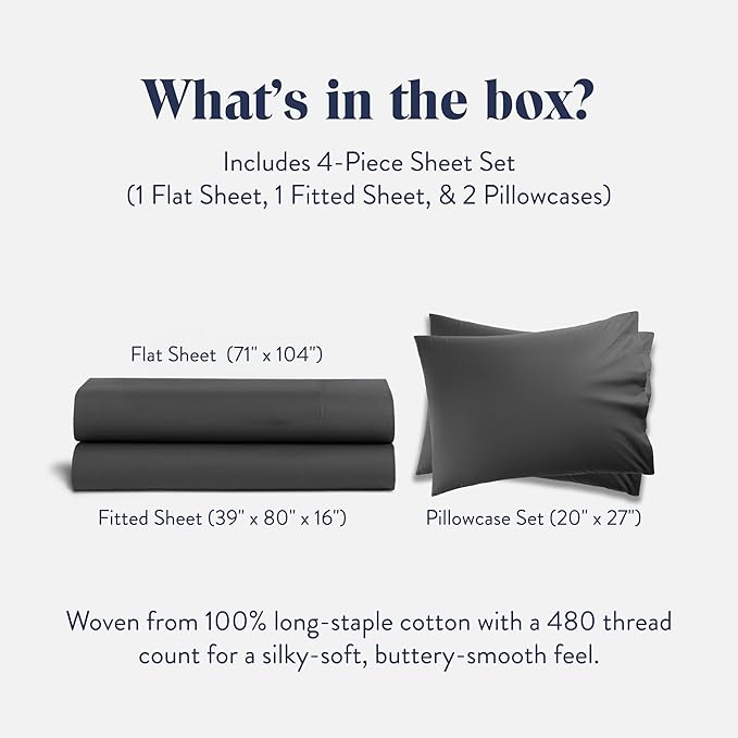 Brooklinen Luxury Sateen 4 Piece Sheet Set - 100% Cotton Bed Sheets, Soft & Durable Twin XL Sheets Set in Slate Grey, Oeko-TEX Certified Bedding Set, 1 Fitted Sheet, 1 Flat Sheet, 2 Pillowcases