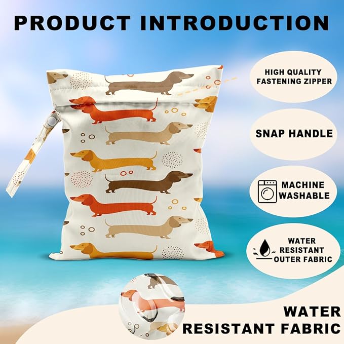 2Pcs Dog Wet Bags 12x10 Inch, Cute Dogs Waterproof Travel Laundry Bags, Washable Reusable Wet Dry Bag for Swimsuit Beach Diapers Dirty Yoga Gym Clothes, Dachshund Gifts for Women Friend Travelers