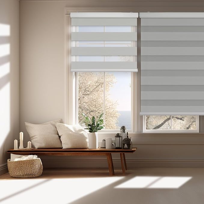 FOIRESOFT Standard Cordless Custom Blackout Zebra Roller Shades and Blinds for Windows [Bonita, Silver Ivory, W 20-81 x H 20-84 inch] Dual Layer Sheer Room Darkening, Select 1x1 for Custom